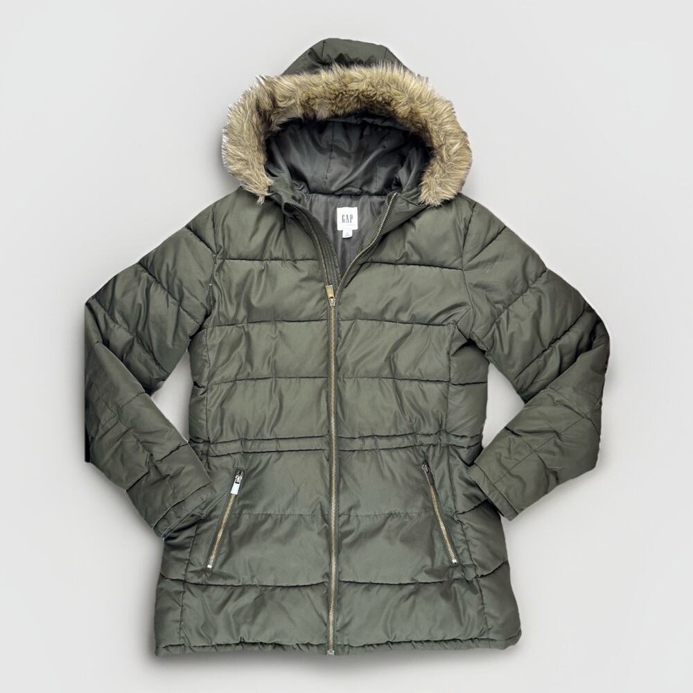 GAP Olive Green Hooded Puffer Coat with Faux Fur Trim